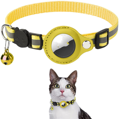 Cat wearing reflective AirTag collar outdoors