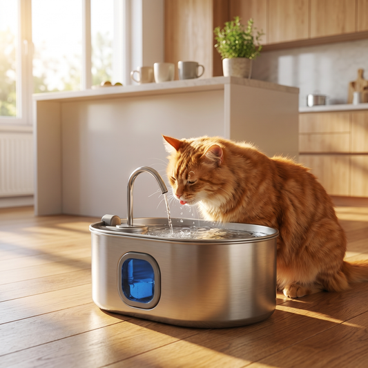 Cat drinking from PurrNest 7L stainless steel water fountain in a bright modern kitchen