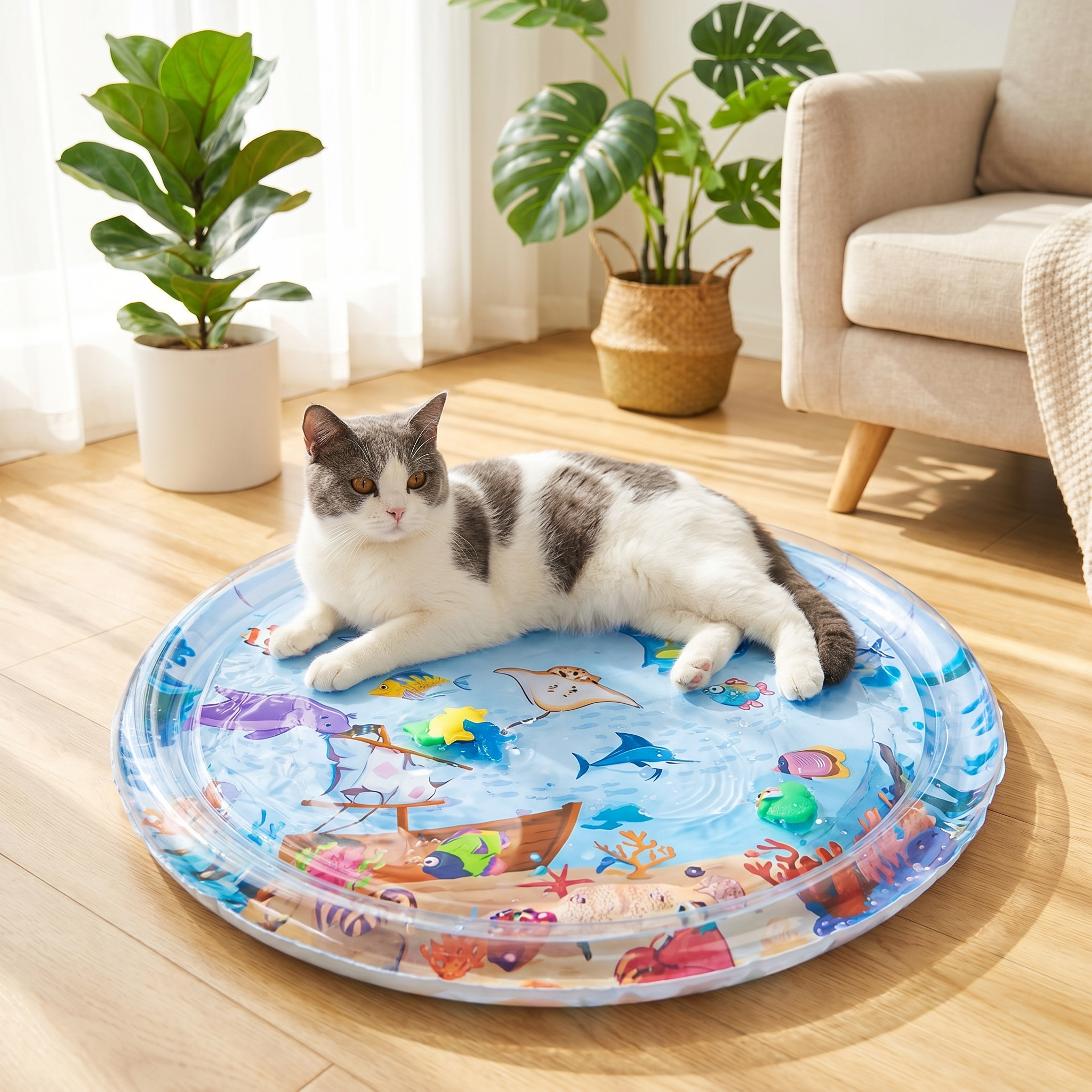 Cat relaxing on a summer cooling water bed ice pad mat in a bright living room