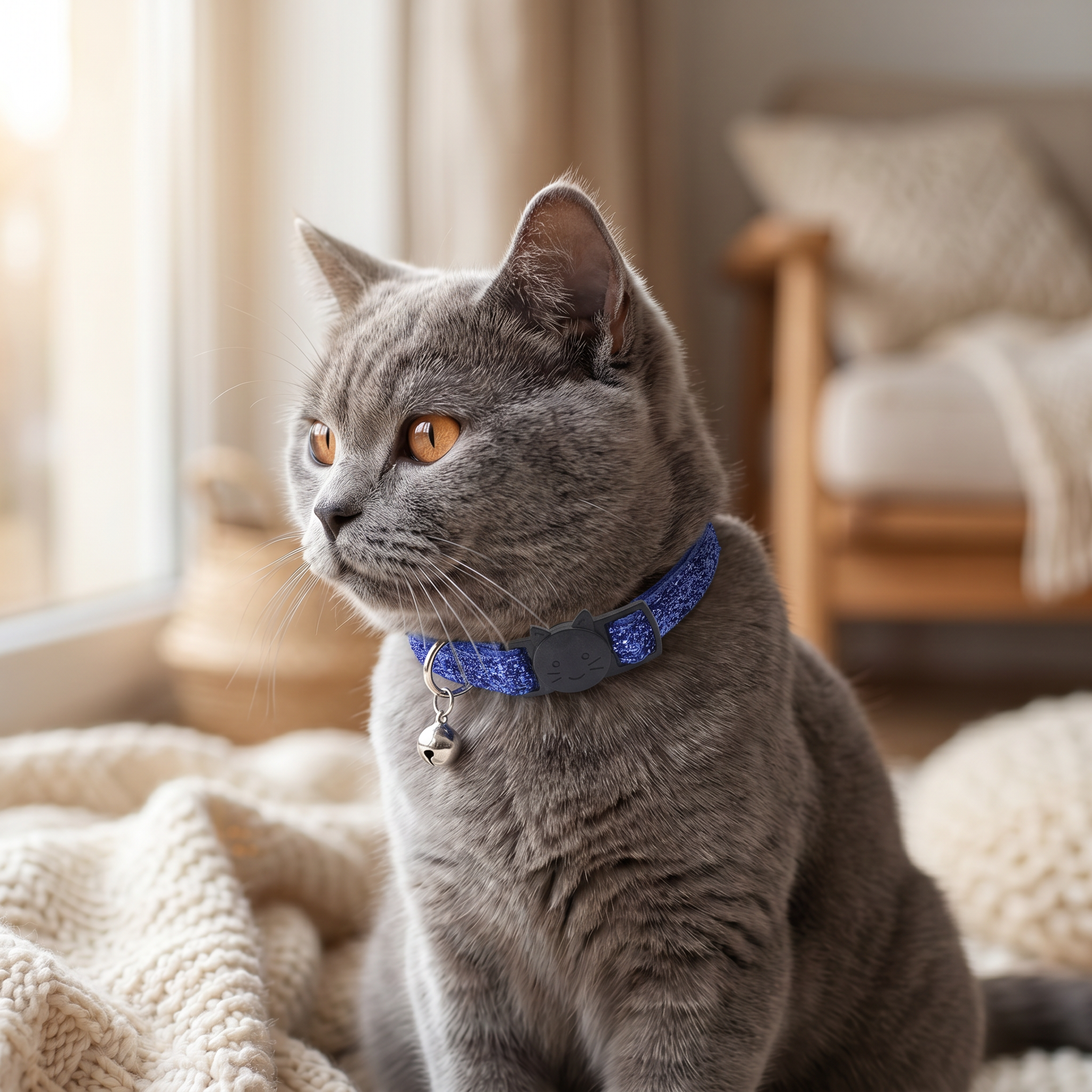 British shorthair cat wearing an adjustable soft collar with golden bell