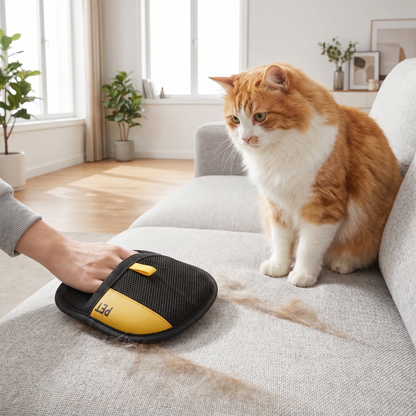 Pet hair remover brush cleaning cat hair off a grey fabric sofa with a cat nearby