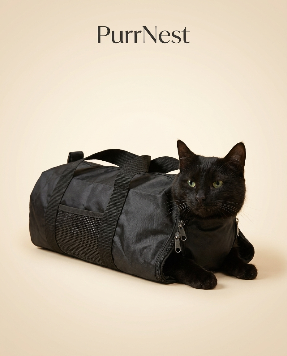 Calm cat resting inside PurrNest black grooming restraint bag with breathable mesh panel - premium studio shot