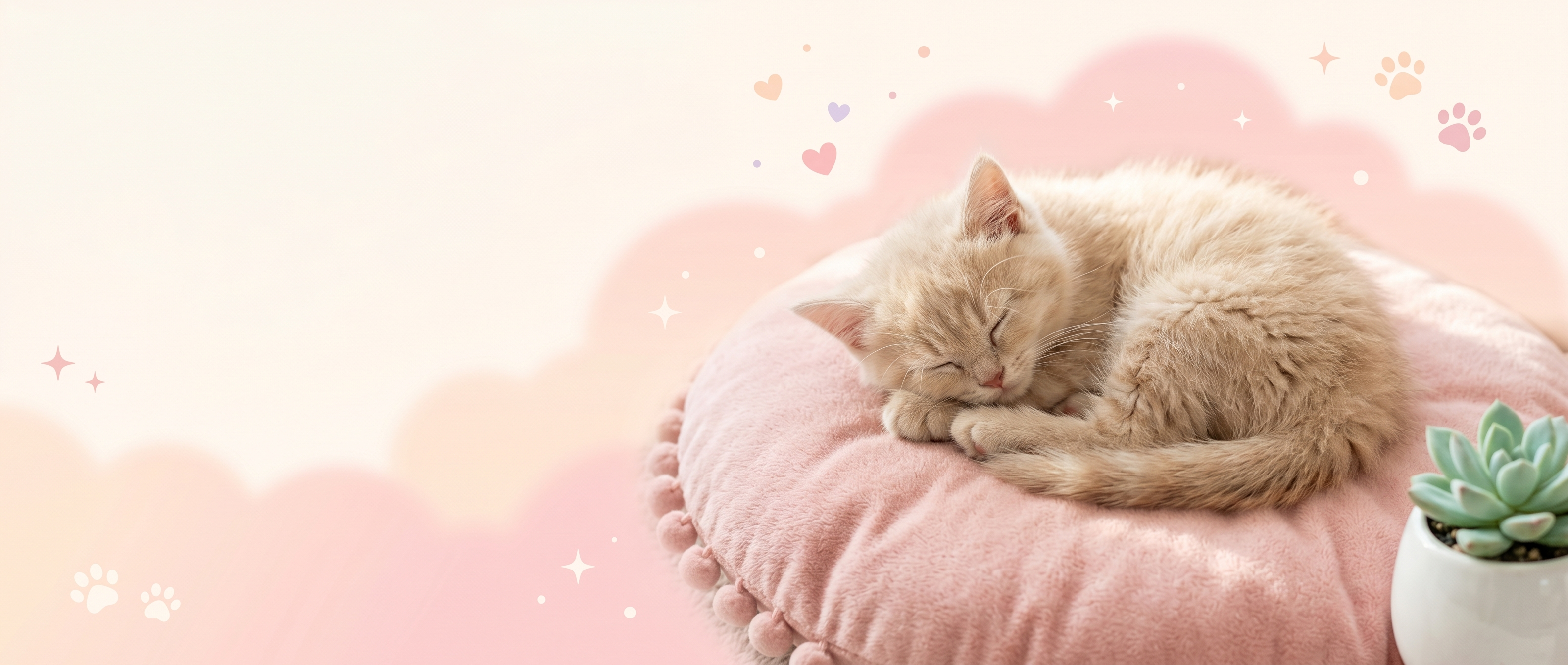 PurrNest cozy banner with sleeping kitten on pastel pink cushion